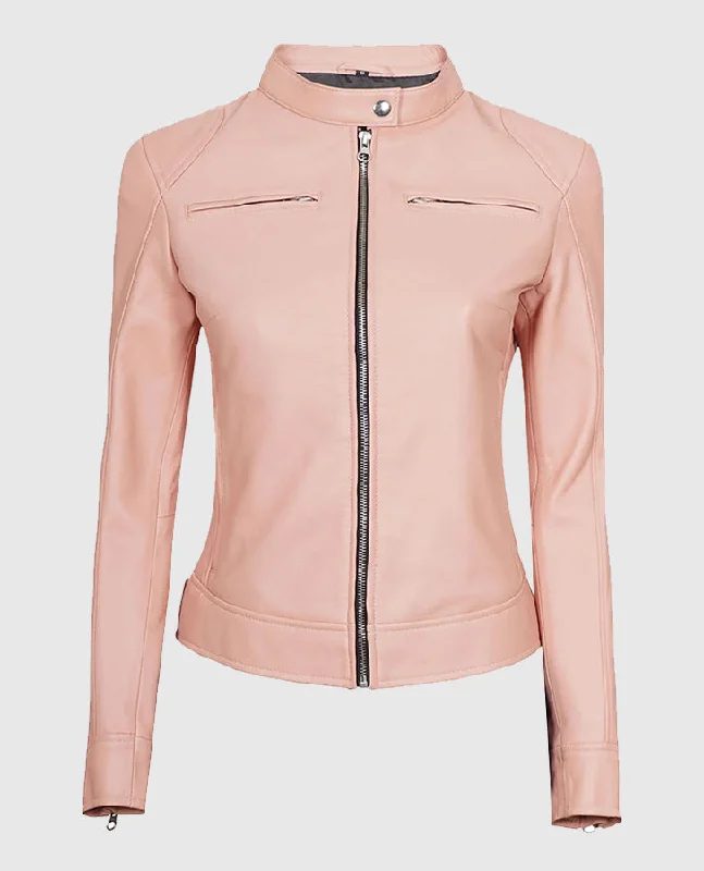 Light Pink Women's Motorcycle Cafe Racer Leather Jacket Cotton Jacket Linen Jacket Terry Jacket