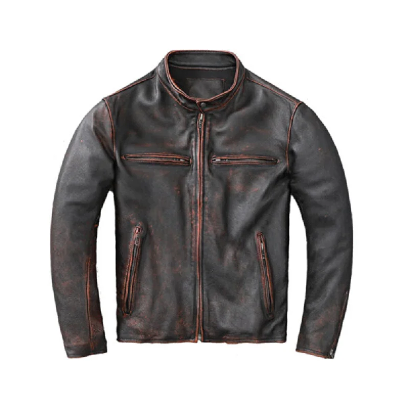 Men’s Black Distressed Retro Leather Cafe Racer Jacket Snapped Jacket Toggled Jacket Drawstring Jacket