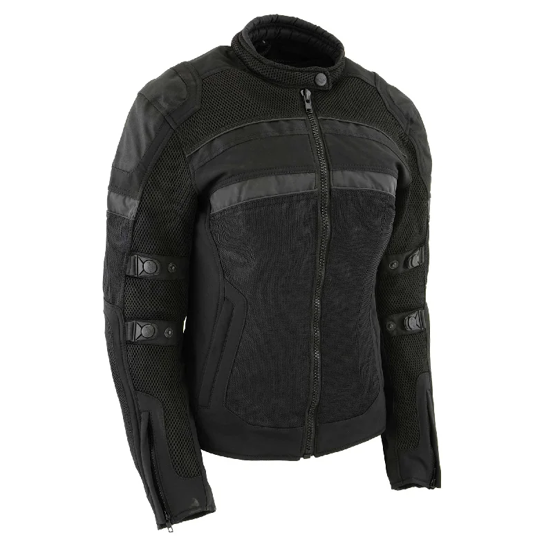 Milwaukee Leather MPL2775 Black Armored Textile Motorcycle Jacket for Women - All Season Jacket w/ Removable Liner Denim Fabric Leather Fabric Suede Fabric