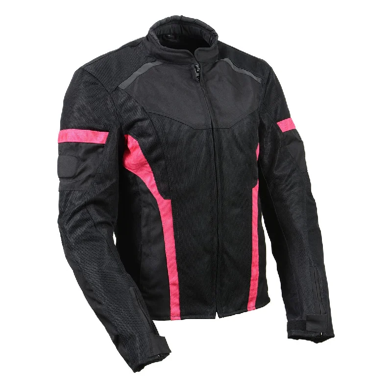 Milwaukee Leather MPL2794 Black and Pink Mesh/Textile Armored Motorcycle Racer Jacket for Women - All Season Jackets Front Pockets Side Pockets Patch Pockets