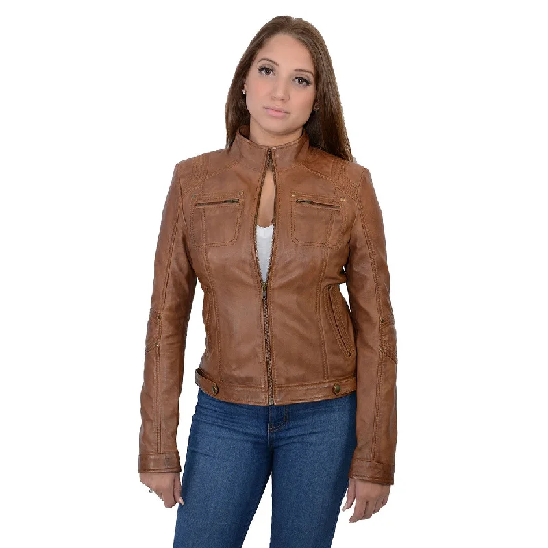 Milwaukee Leather SFL2800 Women's Racer Whiskey Stand Up Collar Motorcycle Fashion Leather Jacket Wool Jacket Cashmere Jacket Tweed Jacket