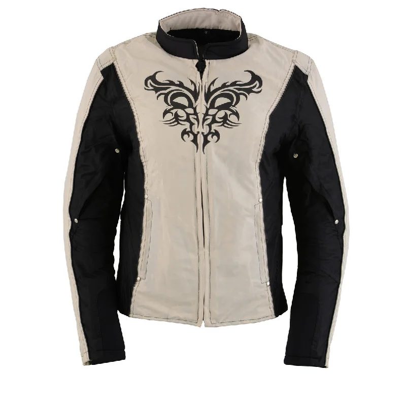 Milwaukee Leather SH2366 Women's'Reflective Tribal' Black and Cream Armored Motorcycle Textile Jacket Knit Fabric Woven Fabric Fleece Fabric