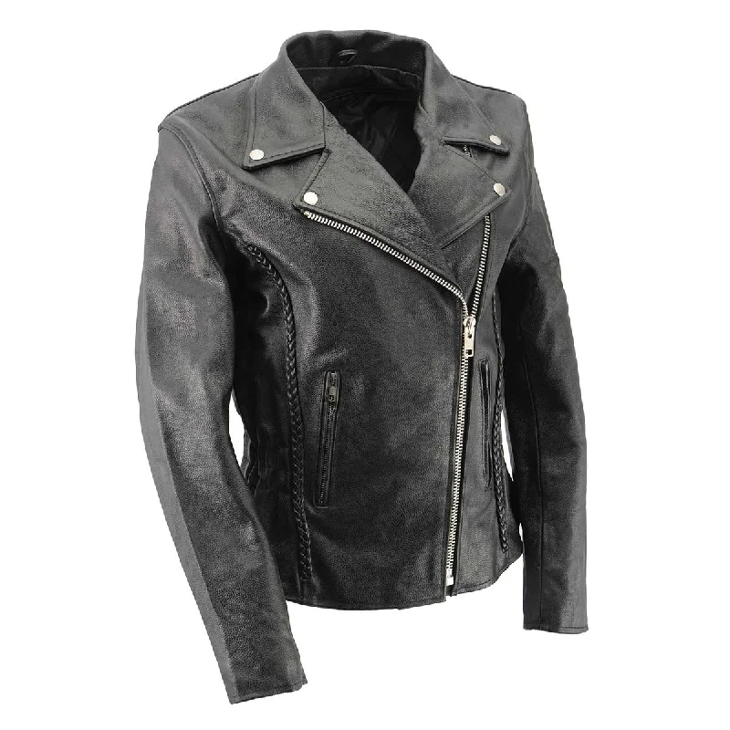 Milwaukee Leather SH7013 Women's Black 'Braided' Motorcycle Leather Jacket Zippered Front Buttoned Front Snap Front