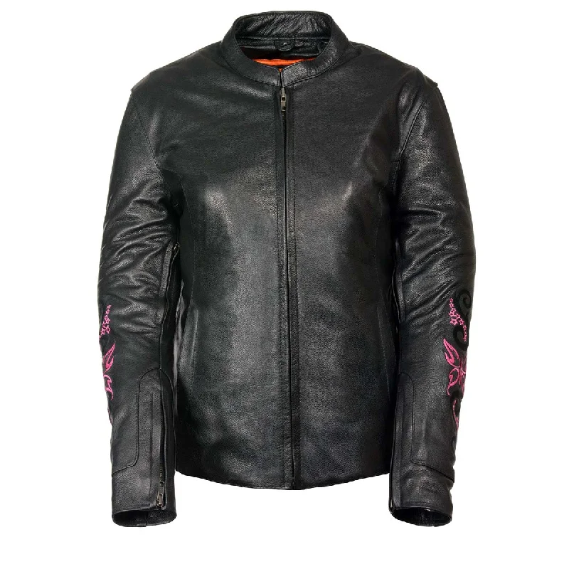 Milwaukee Leather ML2071 Ladies Black Leather Jacket with Fuchsia Butterfly Design Mesh Jacket Canvas Jacket Denim Jacket