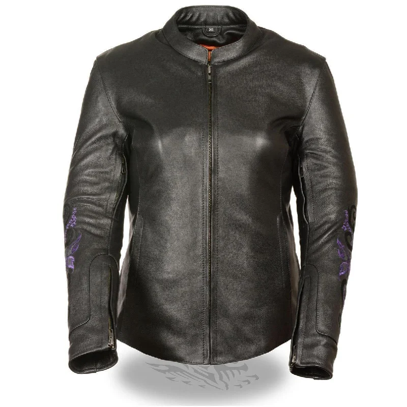 Milwaukee Leather ML2071 Women's Black Leather Jacket with Purple Butterfly Design Front Pockets Side Pockets Patch Pockets