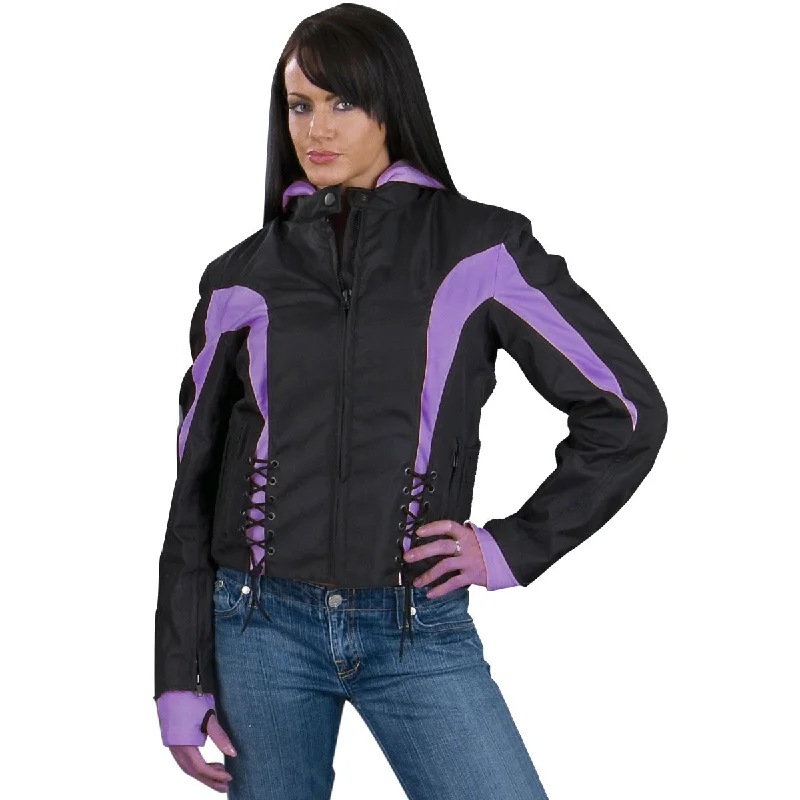 NexGen Ladies SH1906 Black and Purple Textile Racer Jacket with Hoodie Jersey Jacket Tulle Jacket Batik Jacket