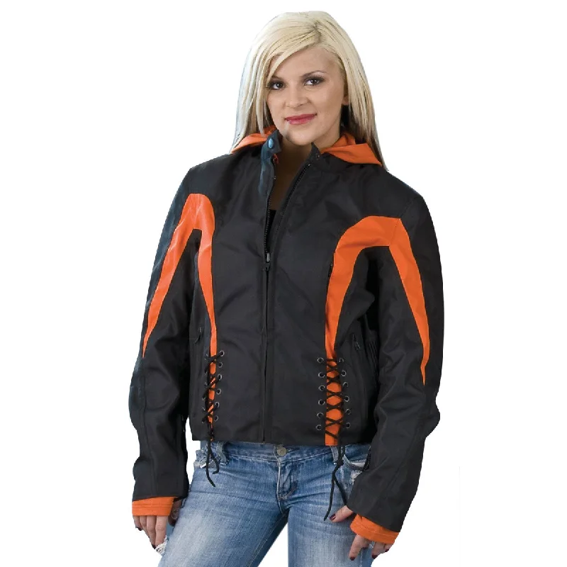 NexGen SH2039 Women's Black and Orange Textile Racer Jacket with Fleece Hoodie Print Jacket Jacquard Jacket Patchwork Jacket