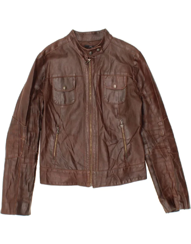 SASCH Womens Biker Leather Jacket UK 10 Small Brown Leather Ribbed Jacket Pleated Jacket Ruffled Jacket