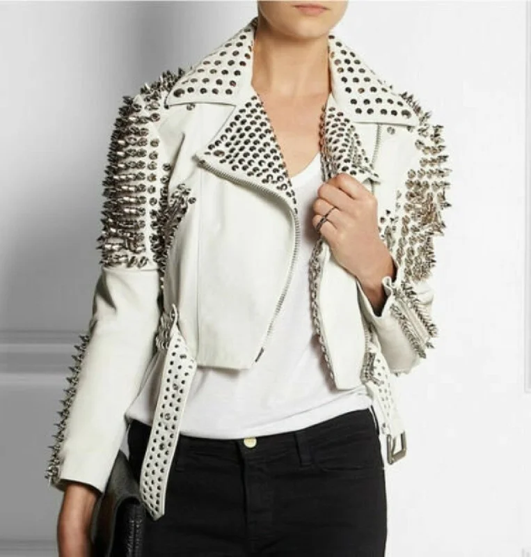 Trendy Style Women's Full White Punk Brando Spiked Studded Leather Jacket Boat Neck Shawl Collar Notched Collar