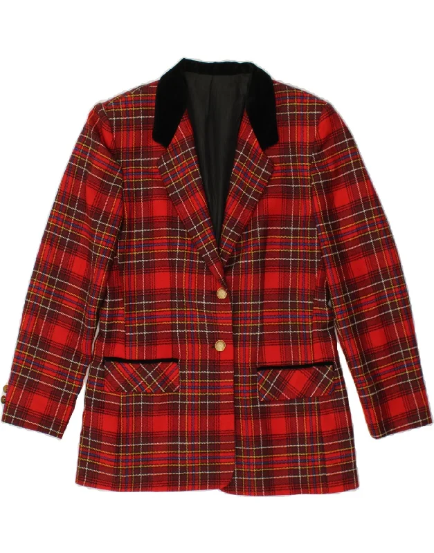 VINTAGE Womens 2 Button Blazer Jacket IT 46 Large Red Check Virgin Wool Jacket Blazer Coat