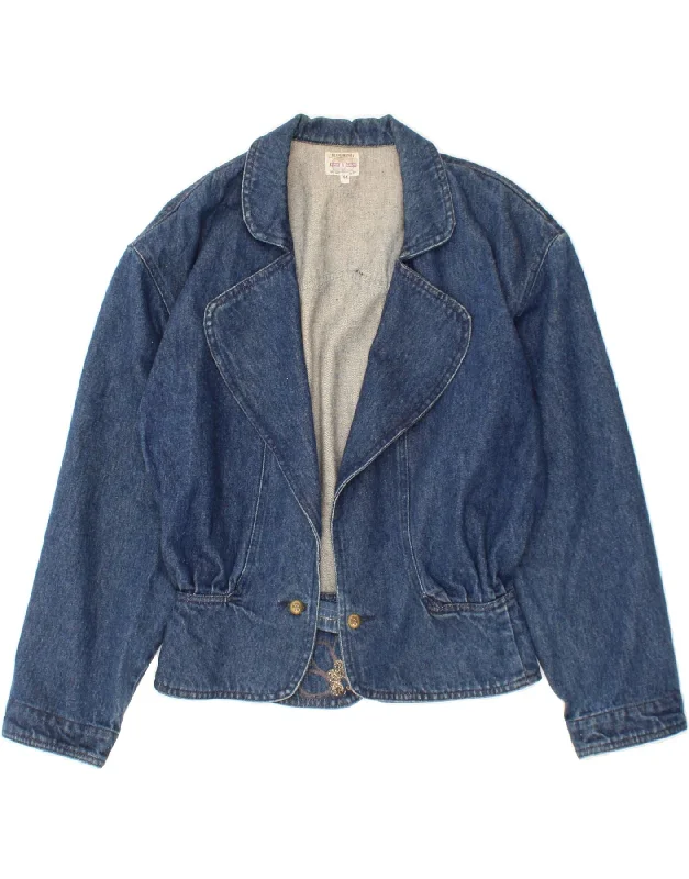 VINTAGE Womens Denim Jacket IT 44 Medium Blue Cotton Stand-Up Collar Roll-Neck Collar Turtle Neck