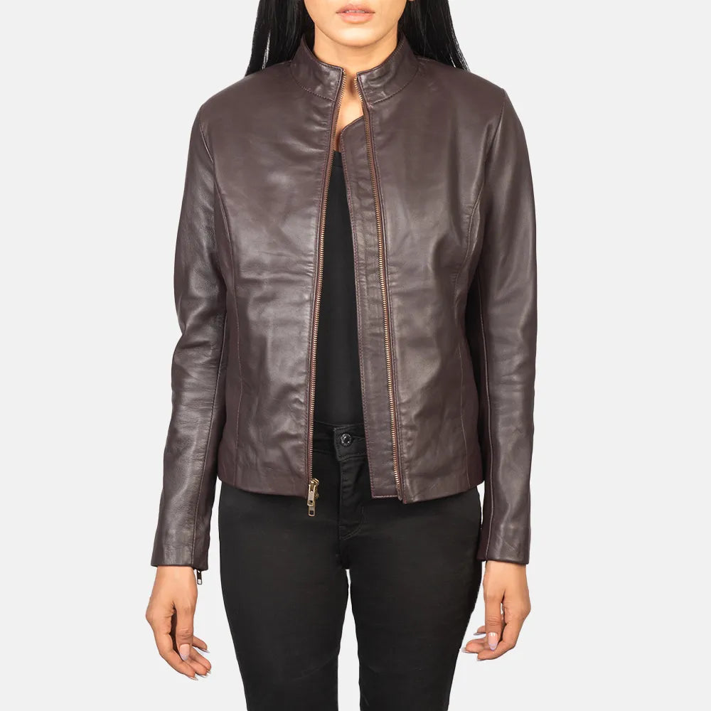 Women Leather Jackets in Maroon Hoodie Zip-Up Jacket Button-Up Jacket