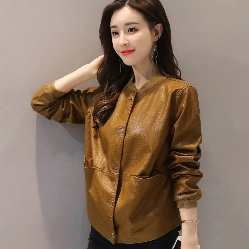 Women’s Biker Mustard Distressed Genuine Sheepskin Rib Knit Collar Retro Motorcycle Rider Leather Jacket Tiered Jacket Buttoned Jacket Zippered Jacket