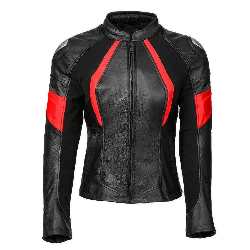 Women’s Black Biker Genuine Cowhide Stand Collar Cycling Protective Red Stripped Slim Fit Moto Racing Four Seasons Leather Jacket Nylon Fabric Polyester Fabric Spandex Fabric