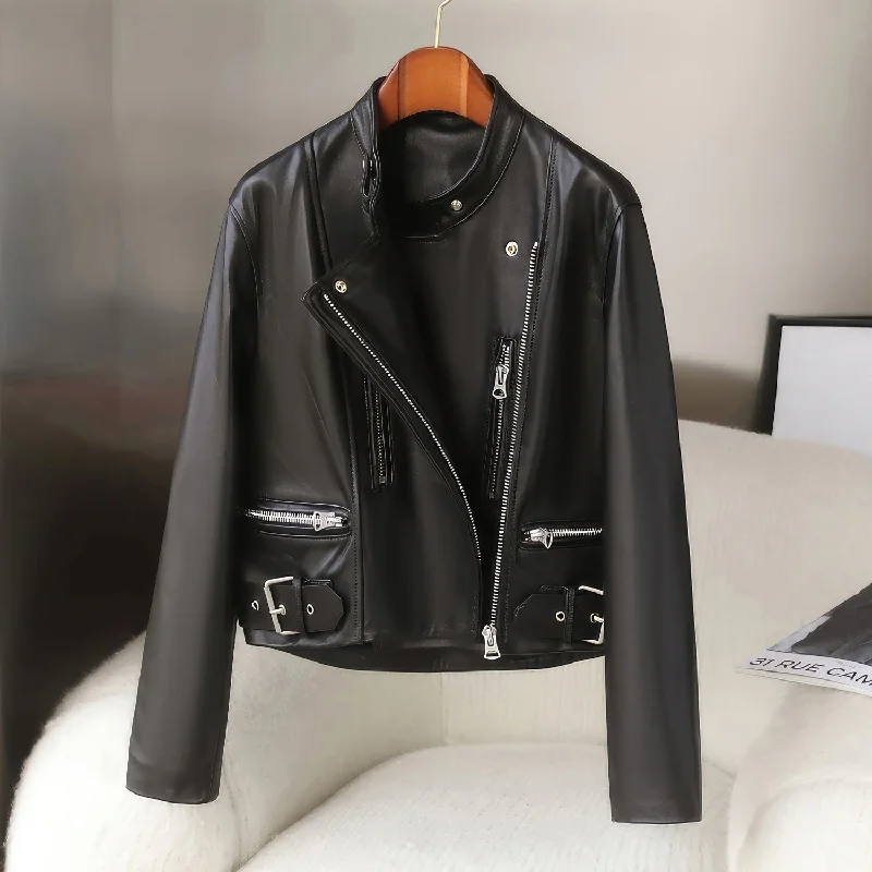 Women’s Black Biker Genuine Sheepskin Stand Collar Crossover Café Racer Classic Motorcycle Rider Slim Fit Leather Jacket Insulated Jacket Fitted Jacket Loose Jacket