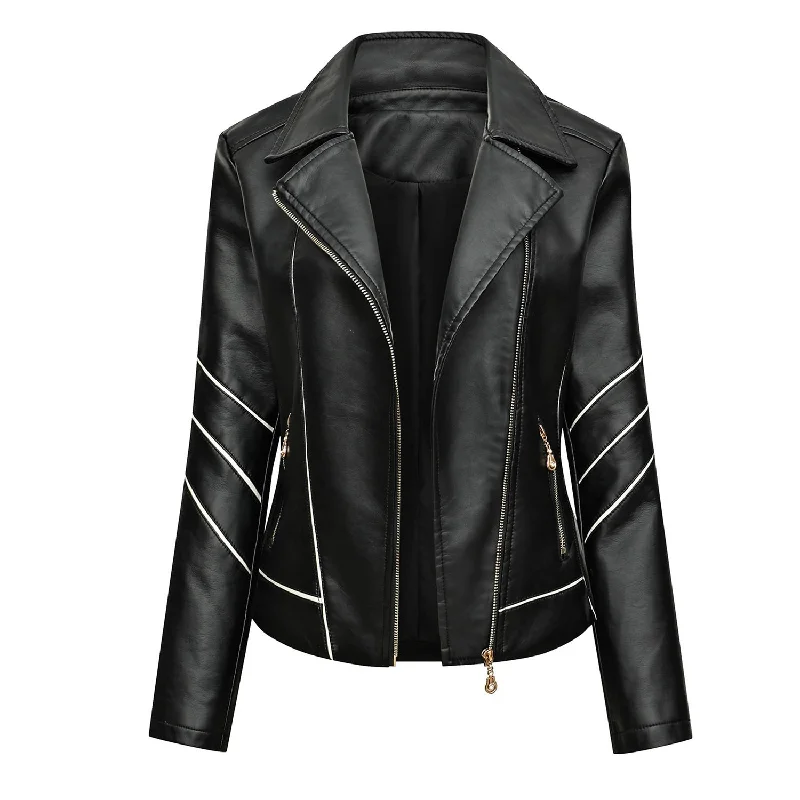 Women’s Black Racer Genuine Sheepskin White Stripes Asymmetric Motorcycle Café Racer Slim Fit Sporty Leather Jacket A-Line Jacket Boat Neck Shawl Collar