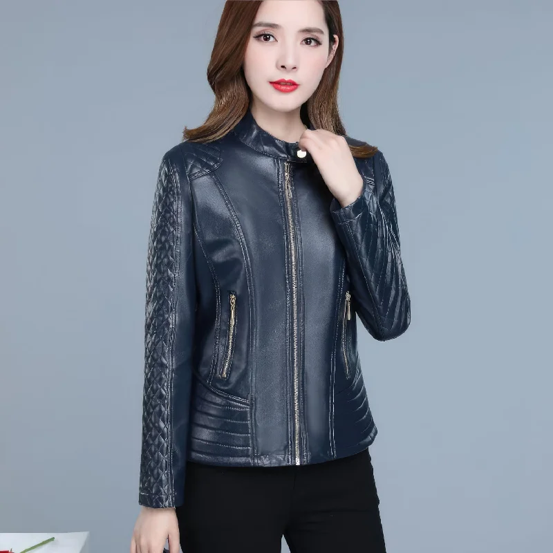 Women’s Blue Genuine Sheepskin Diamond Quilted Sleeves Smooth Lightweight Korean Fashion Slim Fit Retro Leather Jacket Notch Collar Jacket Peter Pan Collar Jacket Cowl Neck Jacket