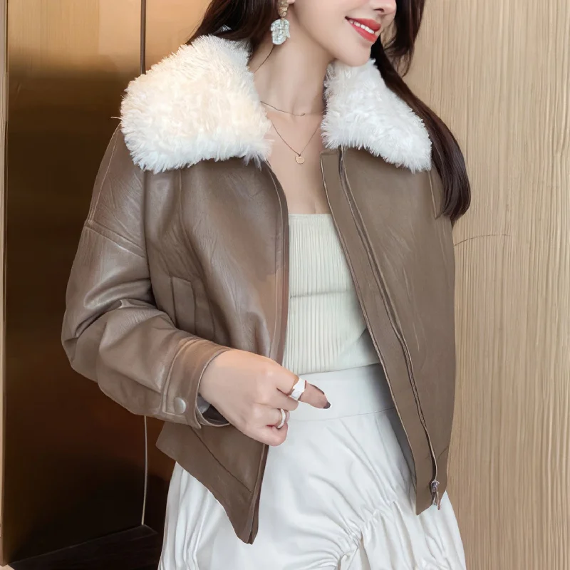 Women’s Brown Genuine Sheepskin Sherpa Shearling Faux Fur Lined Korean Style Oversized Winter Warm Motorcycle Leather Jacket Jacket Blazer Coat