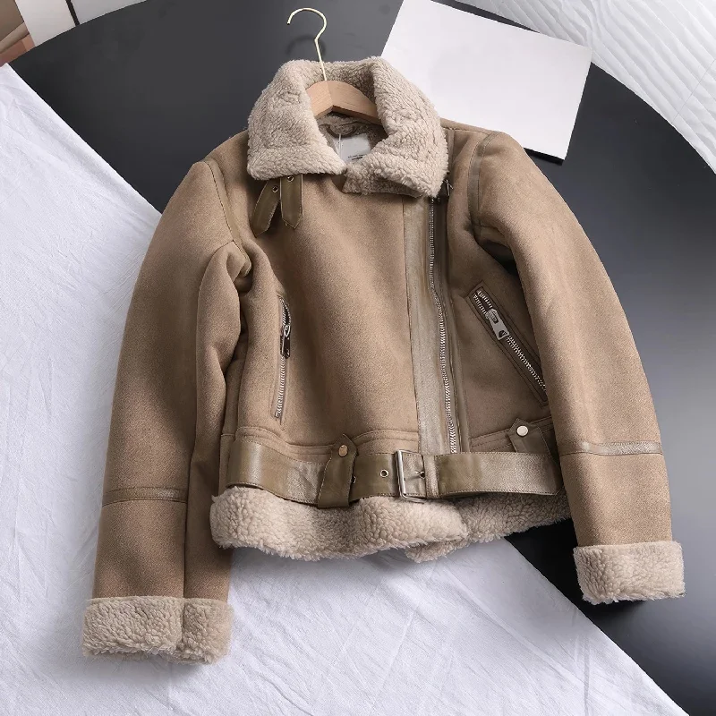 Women’s Brown Vintage Genuine Suede Lambskin Crossover Lapel Collar Sherpa Shearling Faux Fur Lined Sporty Moto Biker Asymmetric Leather Jacket Collared Jacket Crew Neck Jacket Turtle Neck Jacket