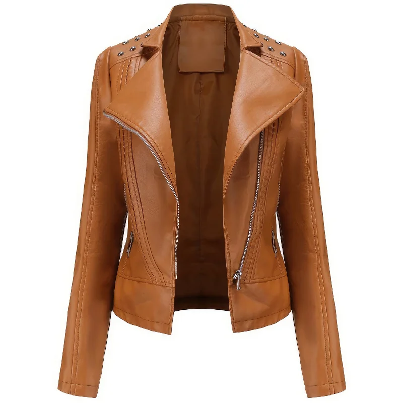 Women’s Camel Brown Biker Genuine Sheepskin Studded Shoulders Fashionable Motorcycle Rivet Crossover Asymmetric Slim Fit Leather Jacket Knit Fabric Woven Fabric Fleece Fabric