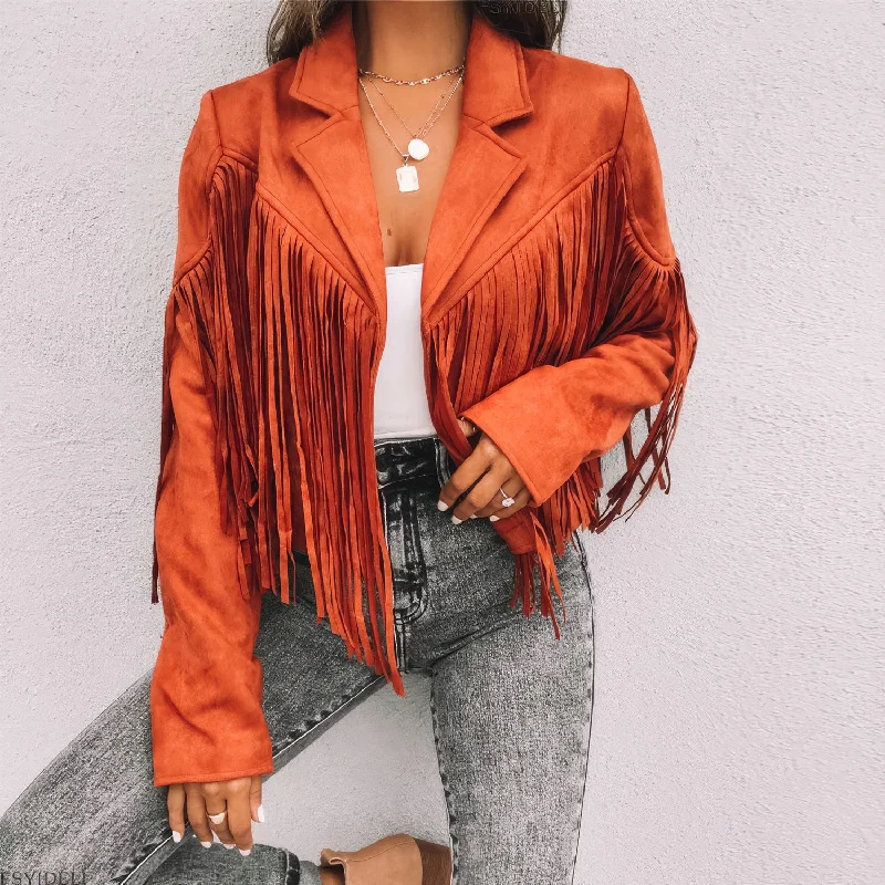 Women’s Orange Genuine Suede Tassel Lapel Long Sleeve Motor Biker Native American Vintage Cropped Leather Jacket Tiered Jacket Buttoned Jacket Zippered Jacket