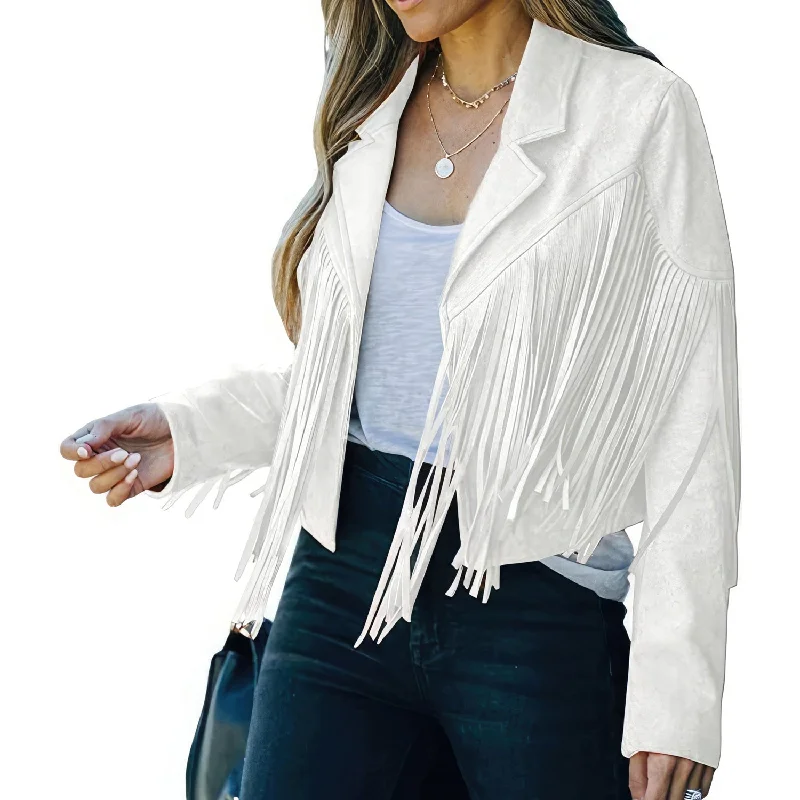 Women’s White Genuine Suede Tassel Lapel Long Sleeve Motor Biker Native American Vintage Cropped Leather Jacket Wool Jacket Cashmere Jacket Tweed Jacket