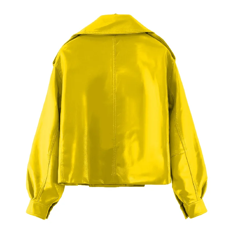 Women’s Yellow Biker Genuine Sheepskin Lapel Collar Casual Loose Oversized High Street Café Racer Rider Smooth Lightweight Leather Jacket Fitted Jacket Loose Jacket Oversized Jacket