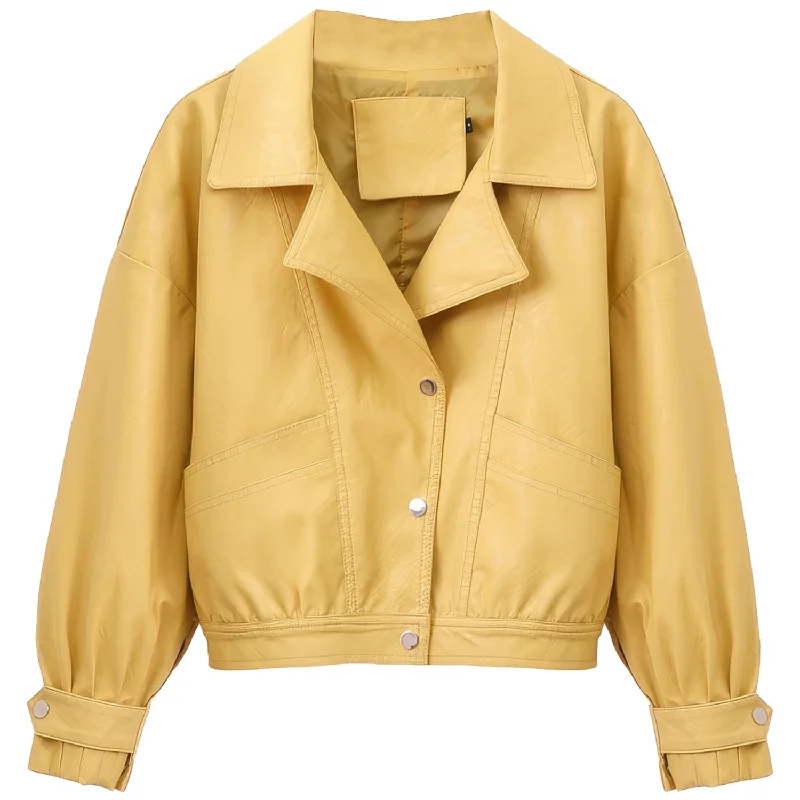 Women’s Yellow Biker Genuine Sheepskin Loose Batwing Sleeves Motorcycle Biker Punk Streetwear Classic Lightweight Leather Jacket Front Pockets Side Pockets Patch Pockets