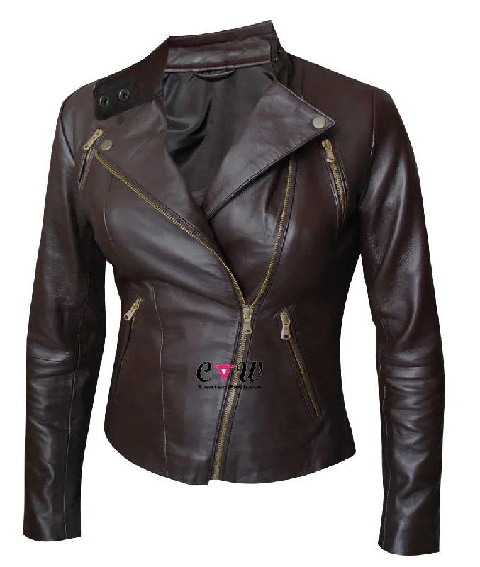 Women Slim Fit Motorcycle Brown Leather Jacket Fitted Jacket Loose Jacket Oversized Jacket