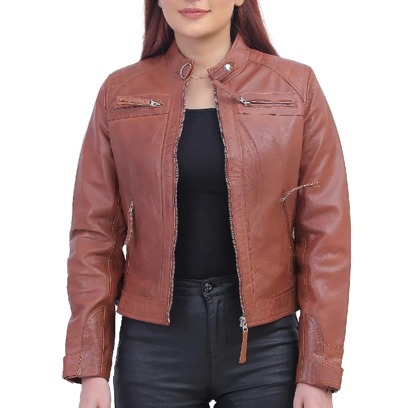 Women Tan Brown Biker Jacket Anorak Shell Jacket Lightweight Jacket