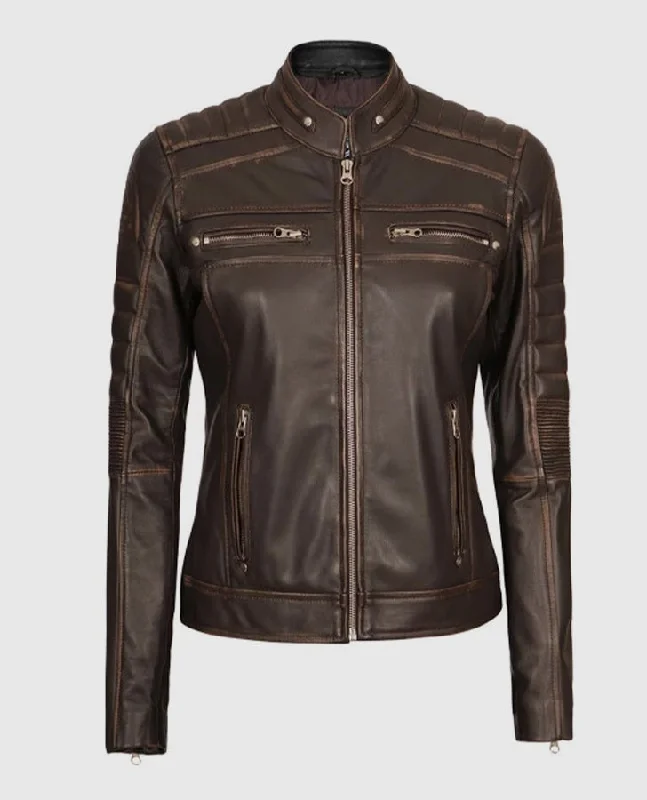 Women's Austin Dark Brown Cafe Racer Biker Jacket Jersey Jacket Tulle Jacket Batik Jacket