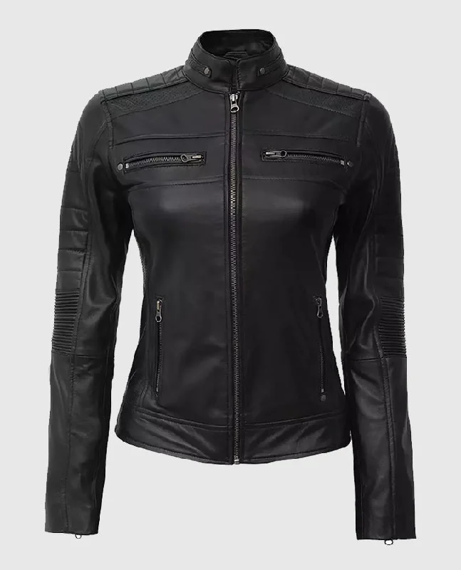 Women's Black Cafe Racer Leather Jacket Welt Pockets Slit Pockets Flap Pockets