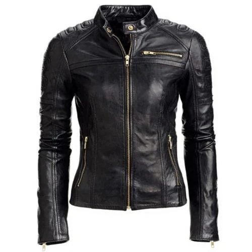 Women's Black Slim Fit Motorcycle Biker Bomber Leather Jacket Fleece Jacket Down Jacket Feather Jacket