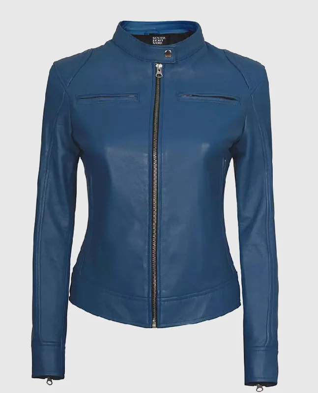 Women's Blue Cafe Racer Leather Jacket Oversized Jacket Tailored Jacket Straight Jacket