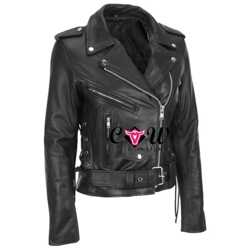 Womens Fashion Biker Black Leather Jacket Front Pockets Side Pockets Patch Pockets