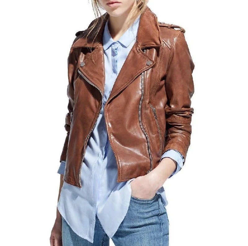 Women's Genuine Leather Motorcycle Slim Fit Brown Biker Jacket Striped Jacket Polka Dot Jacket Floral Jacket