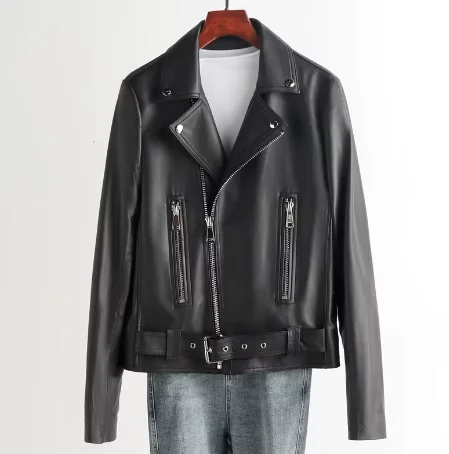 "Women's Genuine Sheepskin Leather Motorcycle Jacket with Suit Collar Herringbone Jacket Checkered Jacket Solid Jacket