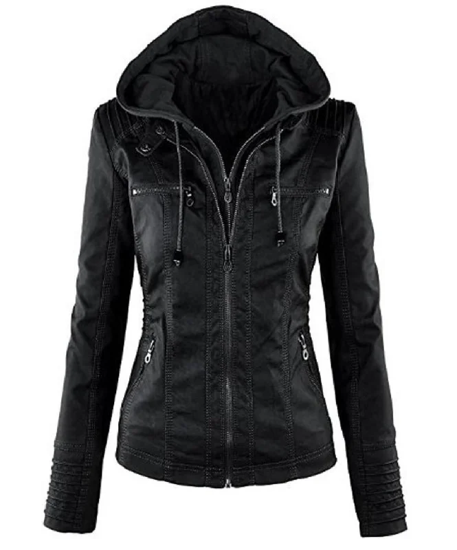 Women's Hooded Black Biker Motorcycle Real Leather Jacket Stylish Slim Fit Black Appliqued Jacket Beaded Jacket Sequined Jacket