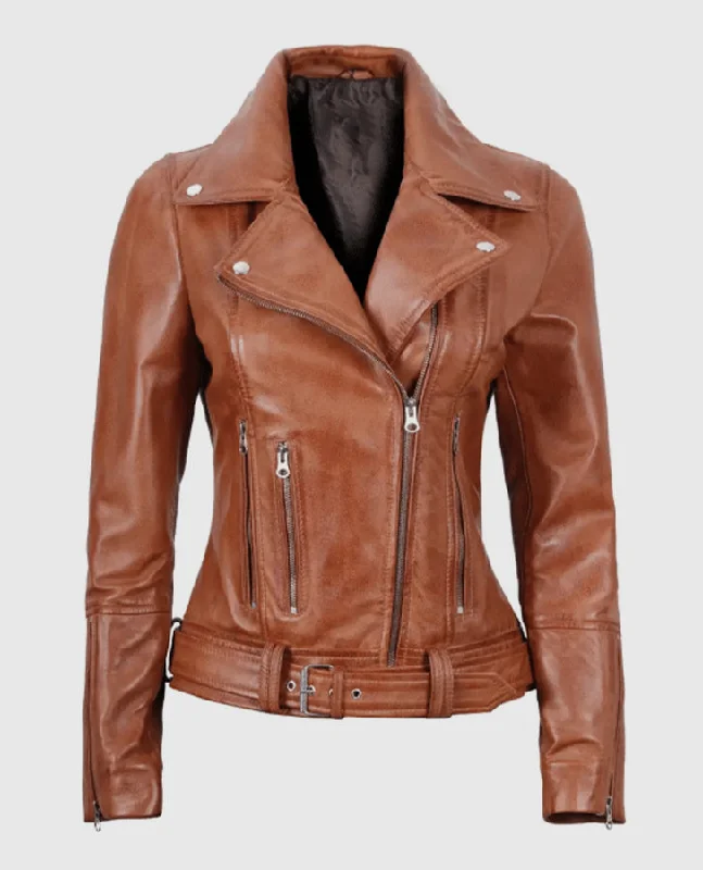 Women's Light Brown Asymmetrical Leather Biker Jacket - Belted Chenille Fabric Brocade Fabric Lace Fabric