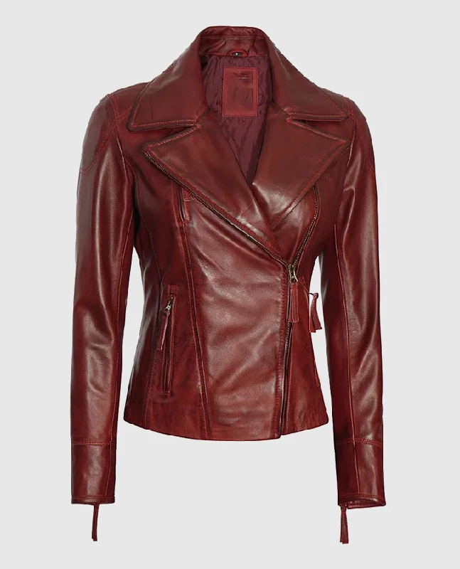 Women's Maroon Asymmetrical Biker Leather Jacket Mesh Jacket Canvas Jacket Denim Jacket