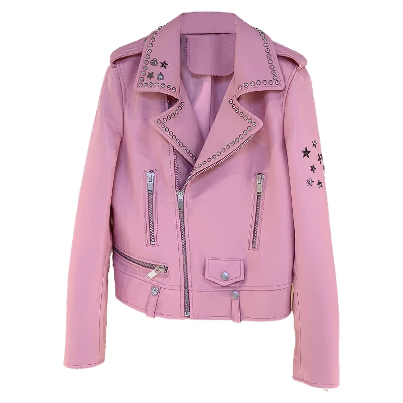 : Women’s Pink Biker Genuine Sheepskin Lapel Studded Collar Celebrity Style Sporty Café Racer Slim Fit Leather Jacket Nylon Jacket Polyester Jacket Spandex Jacket