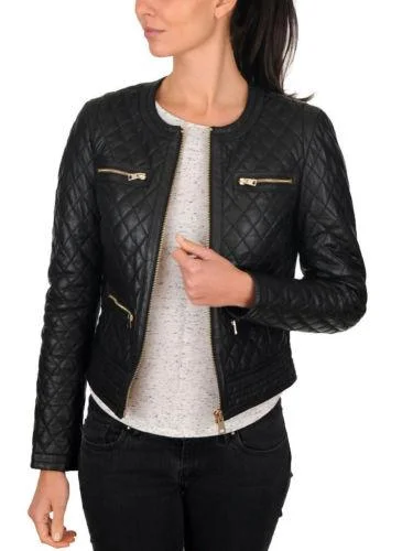 WOMENS QUILTED BIKER JACKET BLACK LEATHER SLIM FIT MOTORCYCLE STYLE JACKET Notch Collar Jacket Peter Pan Collar Jacket Cowl Neck Jacket