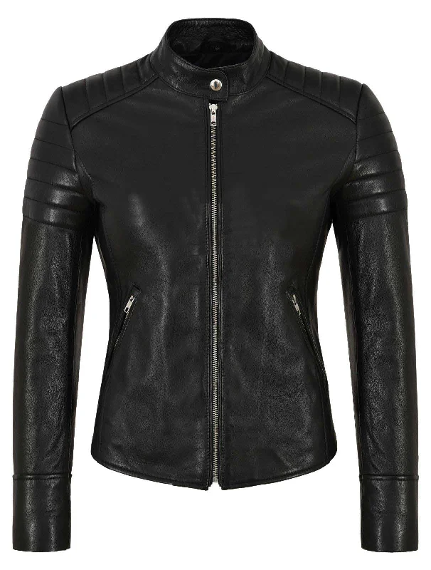 WOMENS REAL LEATHER CASUAL BLACK DESIGNER JACKET CLASSIC PLAIN SHEEP LEATHER JACKET Front Pockets Side Pockets Patch Pockets