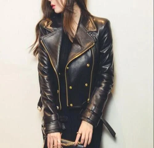 Women's Rosie Black Moto Style Genuine Leather Motorcycle Slim fit Biker Jacket Zip Front Button Front Snap Front