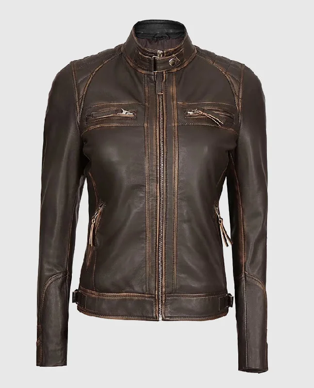 Women's Rub Off Dark Brown Quilted Leather Cafe Racer Jacket Bomber Jacket Anorak Windbreaker