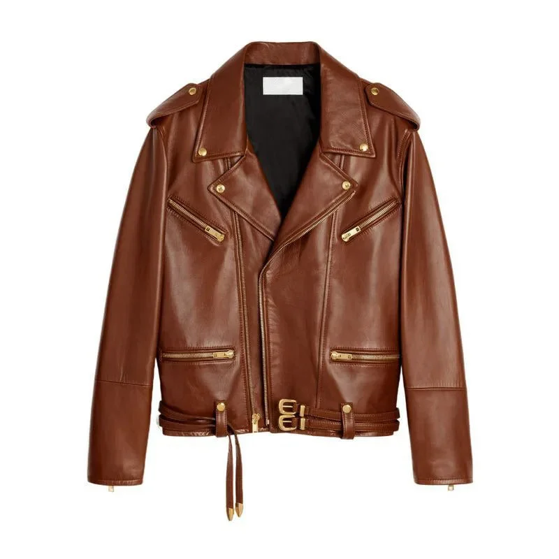 Women's Sheepskin Leather Double Belt Motorcycle Jacket with Zipper Tailored Jacket Straight Jacket A-Line Jacket