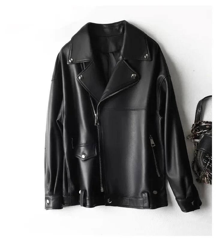 Women's Sheepskin Leather Motorcycle Jacket Print Jacket Jacquard Jacket Embroidered Jacket