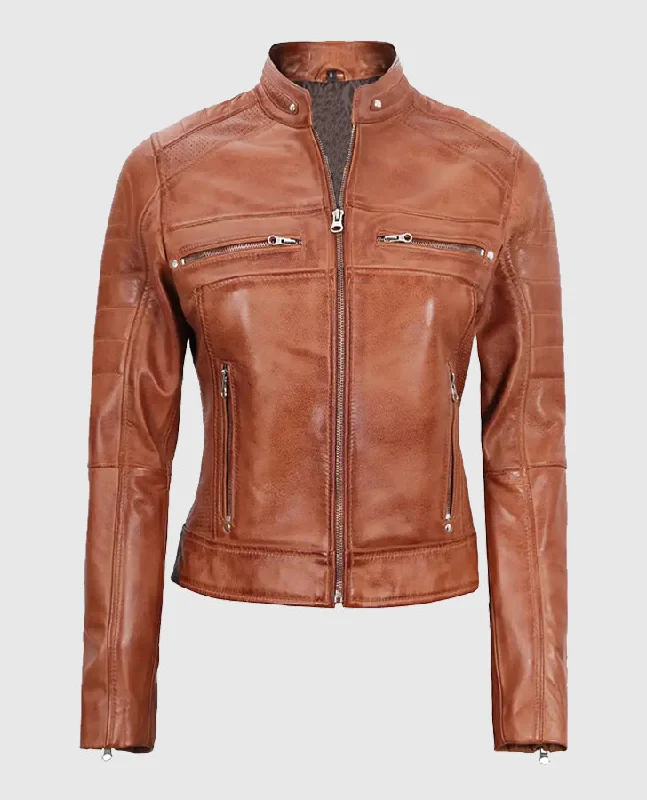 Women's Tan Cafe Racer Leather Jacket A-Line Jacket Boat Neck Shawl Collar