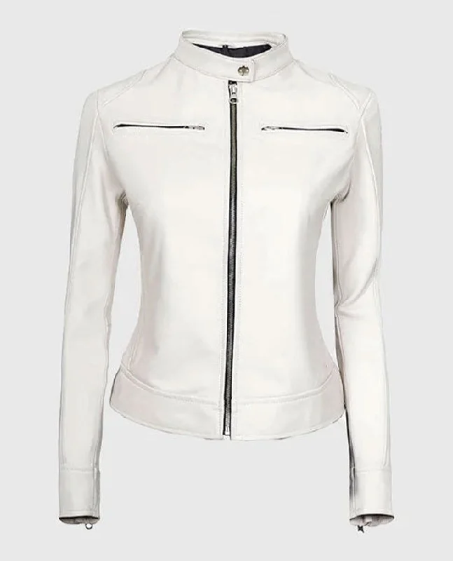 Women's White Leather Cafe Racer Jacket Toggled Jacket Drawstring Jacket Belted Jacket