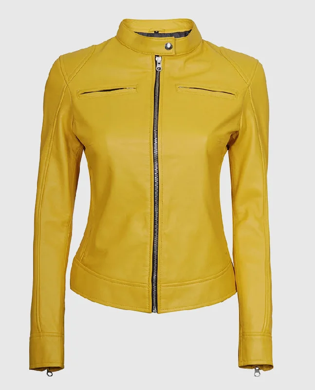 Women's Yellow Cafe Racer Leather Jacket Satin Jacket Silk Jacket Chiffon Jacket